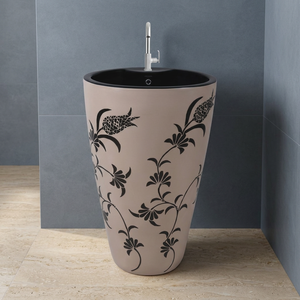 Lavabo sur pied en céramique couleur café de première qualité, petit lavabo rond avec support, design floral de luxe - Product Image 6
