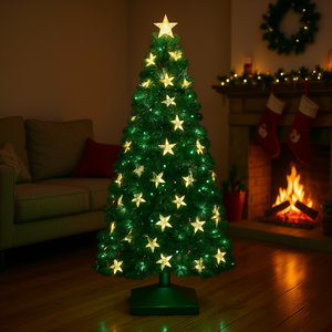 Sapin de Noël pré-éclairé en fibres optiques vertes de 2 à 2,5 pieds avec étoiles et lumières changeantes de couleur, arbre de pin artificiel d'intérieur sur socle. - Product Image 2