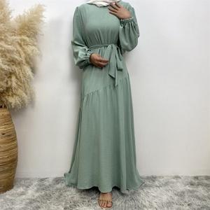 6738# New Basic Closed Abaya Crew Neck Wrinkle Crepe Fabric Muslim Women <b>Maxi</b> Dresses With Elasticated Balloon Sleeves 6 Colors - Product Image 4