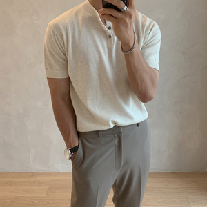 Camiseta de Manga Corta con Cuello en V, Ajustada, de Punto, para Hombre, Color Sólido, Transpirable, Estilo Casual Elegante - Product Image 2