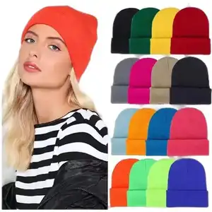 Topi Beanie Polos Bersulam Logo Kustom Topi Kupluk 100% Akrilik Rajutan Musim Dingin