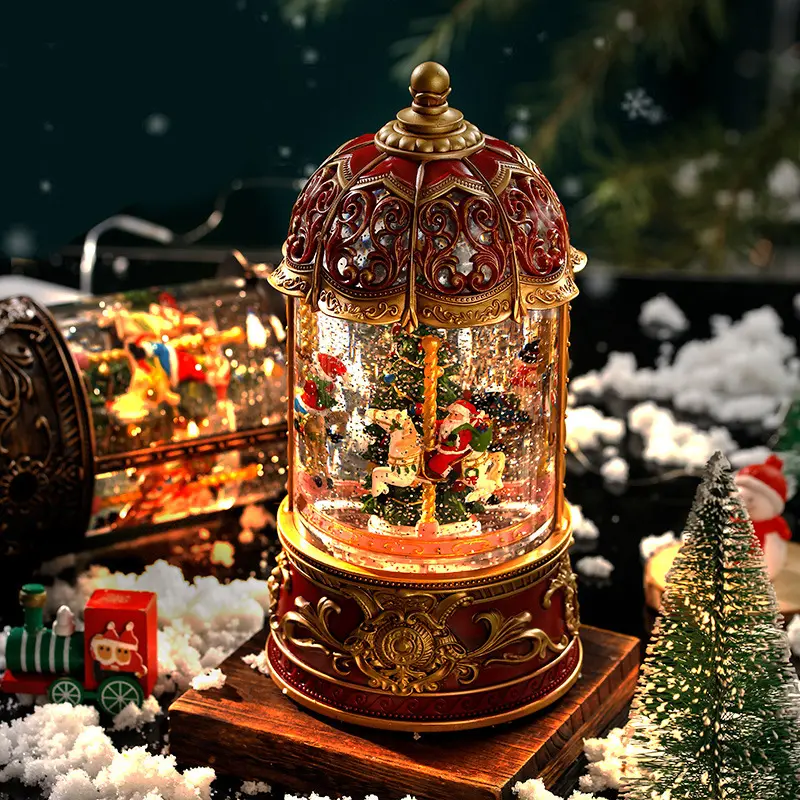 Рождественский магазин товаров, Декоративная елка, мультяшная музыкальная шкатулка, Снежная Хрустальная карусель, шаровая лампа