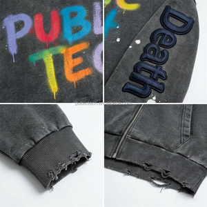 Sudadera con capucha para hombre con cremallera, estilo urbano, 420 g/m², 100% algodón, corte holgado, estampado a mano, bordado 3D, lavado ácido, efecto desgastado, OEM/ODM personalizado - Product Image 2