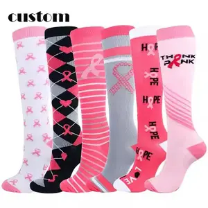 Custom Pink Ribbon Borstkanker Verpleegsters Knie Hoge Sokken Medische Compressie Kleurrijke Vrouwen Aangepaste Sokken