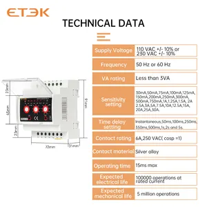 ETEK-EKELR-30 de detección de fugas tipo A, relé de monitoreo de fugas de tierra (ELR) con nivel de viaje ajustable, 30mA-30A, 110/230VAC