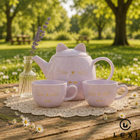 Service à thé en céramique en forme de chat mignon avec couvercle à oreilles et motif moustaches dorées, théière et tasses en porcelaine rose pour cadeau