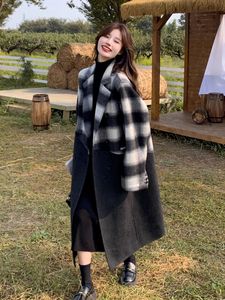 Femmes 2025 automne hiver nouveau <span class=keywords><strong>manteau</strong></span> en <span class=keywords><strong>laine</strong></span> lambrissé à carreaux <span class=keywords><strong>noir</strong></span>-Trench surdimensionné mi-long élégant - Product Image 5
