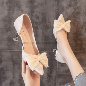 High <b>Heels</b> Women New Spring and Autumn Hollow French Girl Pointed Pearl Bow Thin <b>Heel</b> Shoes - Product Image 1