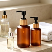Bouteilles à pompe en PET givré personnalisables pour lotion, conteneur en bambou, flacon ambré vide, crème pour le soin du visage, emballage en plastique de 250 ml