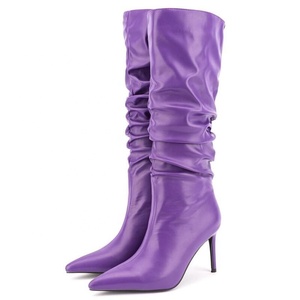 รองเท้าบูทผู้หญิงลายวัว ความยาวถึงเข่า ส้นบาง ผ้าเดนิม แต่งลายงูแบบจีบ สำหรับผู้หญิงไซส์ใหญ่พิเศษ 47 รองเท้าบูททรงยาว - Product Image 3