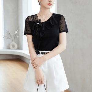 Summer New Women's Pullover Short-sleeved Top Western Style Oblique Collar Ruffled Handmade Flower Beads Tight Waist Slimming T - Product Image 2
