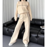 Ensemble décontracté personnalisé pour femme, cardigan à manches longues et col rabattu, sweat-shirt uni avec dentelle, pantalon 2 pièces en polyester/coton – Vente en gros