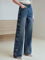 Jeans à jambes larges brodés de fleurs pour femmes, pantalon en denim élégant avec patchwork, vente en gros personnalisée, style vintage bohème