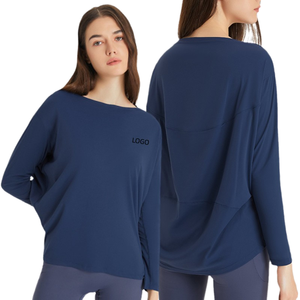 Custom Logo Solid Colors Plus Size Loose Nylon Women's Fitness Casual Shirt Wide Collar Long Sleeves Quick Dry Breathable - Product Image 1
