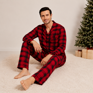 Christmas <b>Pajamas</b> for <b>Men</b> Plaid Loungewear <b>Set</b> Turndown Collar <b>Pajama</b> <b>Sets</b> Custom Long Sleeve Shirt & Long Pants <b>Men's</b> Sleepwear - Product Image 5