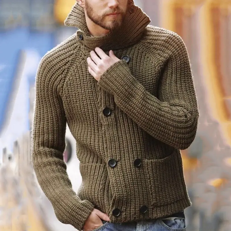 men's turtleneck knitted sweater autumn winter double breasted cardigan sweater with pocket men