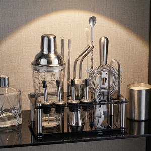 Ensemble de bar <span class=keywords><strong>à</strong></span> cocktails en acier inoxydable personnalisable avec logo, prix de gros, <span class=keywords><strong>shaker</strong></span> en verre de 400 ml avec support en acrylique - Product Image 1