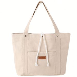 Korean Style Solid Color Vintage Washed Canvas <b>Handbag</b> Large Capacity Women's Single Shoulder Bag Draasher Buckle Closure Summer - Product Image 3