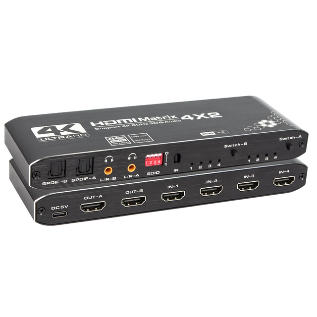 TV-link 4K/60Hz Matrix 4 2 HDMI2.0 Switcher HDCP2.2 Splitter Optical L/R Audio Output Aluminum Alloy Scaler EDID Remote Black
