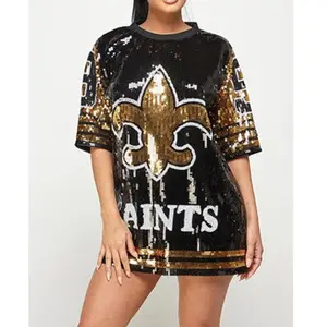 Novo O Pescoço De Manga Comprida Lantejoula Mulheres Top preto e ouro Fleur De Lis lantejoula cheia New Orleans Mulheres Número Vestido De Lantejoula