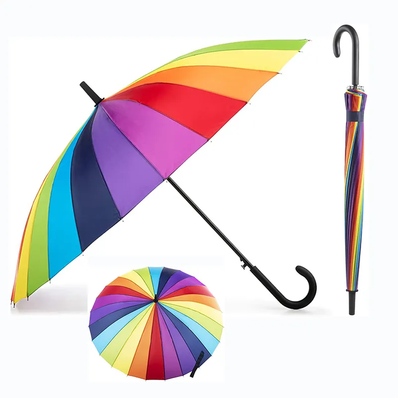 Large 46 Inch Automatic, 24 Rib Rainbow High Quality Colorful Long Handle Stick Straight Golf Umbrellas With Custom Logo Prints/