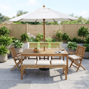Teak Garden Set Outdoor Dining <b>Table</b> and Chairs Patio Furniture with Cushions and <b>Umbrella</b> for Yard - Product Image 1