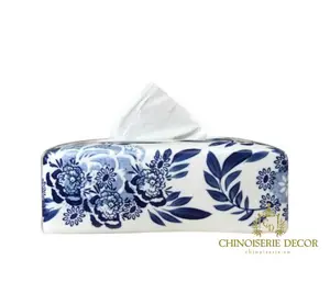 Chinese hand made blue and white simple style ceramic desktop tissue box