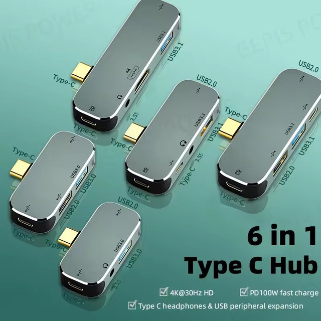 6 in 1 USB C Hub PD100W USB3.0/USB2.0/USB3.1 Type C to 3.55mm Jack Adapter USB Extender Hub for HDMI-Compatible Splitter