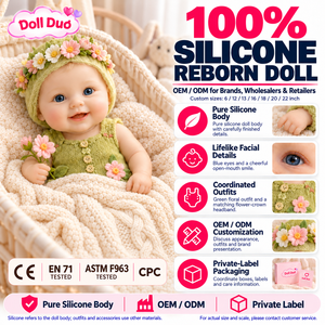 ตุ๊กตา DollDuo แบบสั่งทำพิเศษ ขนาด 18 นิ้ว ทำจากซิลิโคนทั้งตัว 100% ตุ๊กตา Reborn ตาสีฟ้า ยิ้มแย้ม ชุดถักลายดอกไม้สีเขียว มงกุฎดอกไม้ ของขวัญ - Product Image 1