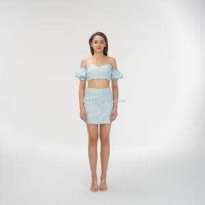 Conjuntos de Ropa para Niñas OEM, Top con Hombros Descubiertos, Conjunto Azul Bebé, Falda con Mangas Abullonadas - Product Image 4