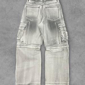 100% Cotton Men's Gray Detachable Cargo Jeans-<b>Stretch</b> <b>Denim</b> Stonewashed Hip Hop Skate Pants with Breathable Design - Product Image 5
