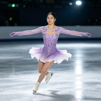 Robe de patinage artistique dégradé lavande avec dentelle florale et strass faits à la main, manches longues, pour compétition de patinage sur glace
