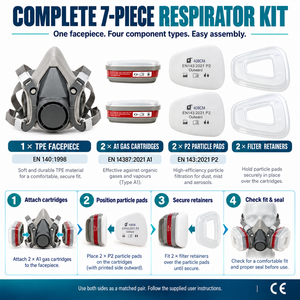 Masque respiratoire demi-visage réutilisable <span class=keywords><strong>en</strong></span> TPE personnalisé, kit de 7 pièces avec filtres A1 et P2 pour la peinture au pistolet et la poussière industrielle - Product Image 2