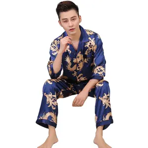 Yeni tasarımcı ejderha tarzı baskılı uzun kollu erkek saten pijama düğme aşağı pijama seti