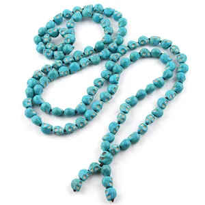 Yoga Jóias Longo Knotted Budismo Tibetano Colar 108pc Mala Turquesa osso Crânio Cabeças Oração Talão Colar Western Jewelry