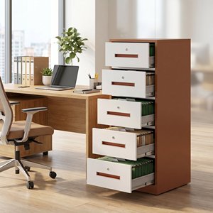 Cassettiera Verticale a 5 Cassetti Bianca e Marrone con Maniglia in Legno, Mobile Contenitore con Ruote e Serrature per Arredamento Ufficio Domestico - Product Image 2