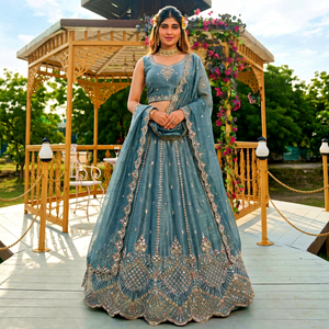 Blue Embroidered <b>Net</b> Lehenga Set Sleeveless Crop <b>Top</b> Dupatta Wedding Banquet Ethnic Wear - Product Image 1