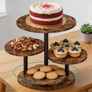 360 Derece Dönebilen Yuvarlak Üç Katlı Ahşap Parti Etkinlikleri Düğün Kulesi Döner Pasta Sunum Standı Seti, 50 Cupcake'lik Katmanlı Tepsi ile - Product Image 2