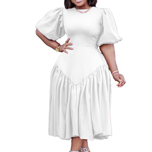 Nuovi abiti a pieghe con maniche a mezza sbuffo alla moda moda donna Plus Size elegante abito Midi arricciato Casual - Product Image 4