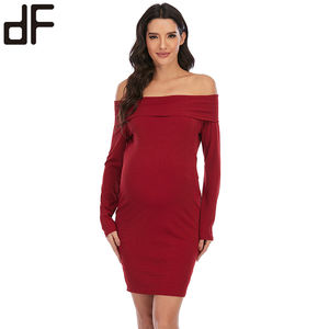 Однотонное эластичное мини-платье для беременных, оптовая продажа, одежда для грудного вскармливания, вечерняя одежда для фотосессии, трикотажное платье через плечо - Product Image 2