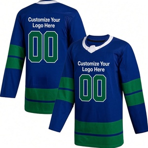 Maillot de hockey sur glace personnalisable, rayures bleues et vertes, impression sublimée, col en V, manches longues, unisexe adulte, évacuation de l'humidité - Product Image 1