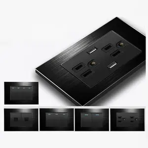 Black Aluminium Alloy Metal Panel USA Standard 110V Wall Switches Sockets Electrical USB Sockets