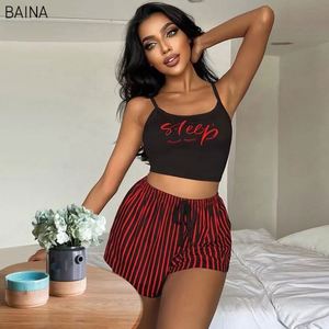 Nouvel ensemble short à cordon pour femme, imprimé lettres et rayures, vêtements d'intérieur pour femme pouvant être portés à l'extérieur - Product Image 1