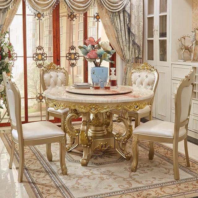 European-style Marble Round Dining Table and Chair Set for 6 People Household  Round Dining Table Chair with Turntable