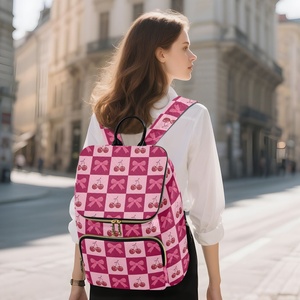 Fashion Pink Checkered Design School Bag Cherry Print Quilted Polyester Custom Logo Large Travel <b>Backpack</b> for Women - Product Image 6