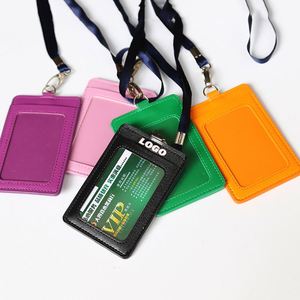 Custom Wholesale School Worker Candy Color Pu Leather Employee <b>Id</b> Card Badge <b>Holders</b> With Lanyards - Product Image 1