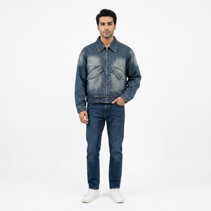 <b>Custom</b> Logo Front Stand Collar Hooded Windproof Vintage Wash Ripped Black Oversize <b>Denim</b> <b>Jacket</b> for Men with Zipper Autumn Style - Product Image 1