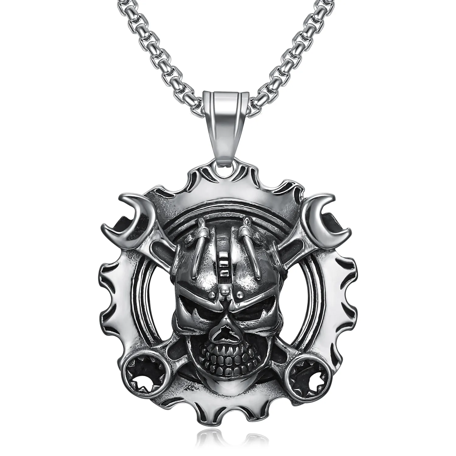 Men's Fashion Punk Rock Casting Pendant Hip Hop Trendy 316 Stainless Steel Glamour Heavy Metal Skull Wrench Men Necklace