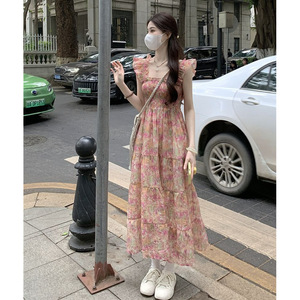 French Style Floral Print Sundress Square Collar <b>Elastic</b> Waist Breathable Casual <b>Dress</b> For Summer 2025 - Product Image 2