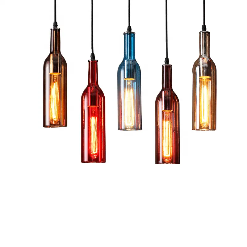 Industriale di Vetro Colorato Bottiglia di Vino Luce Del Pendente Creativo Lampadario Retrò per Cafe Bar Loft